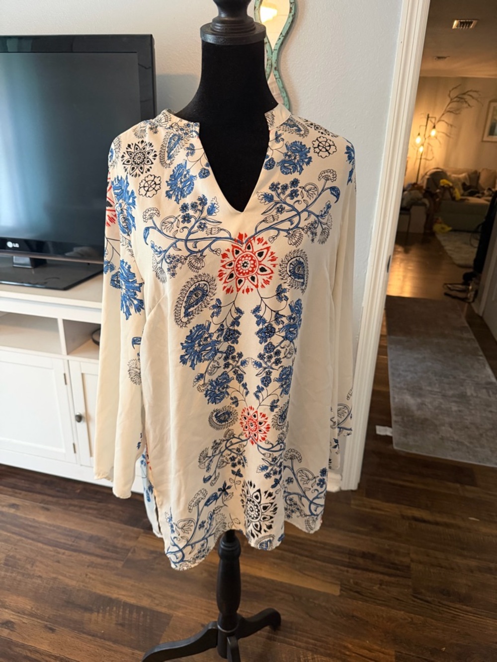 Violet & Claire Cream Blouse with Blue and Red Floral Print